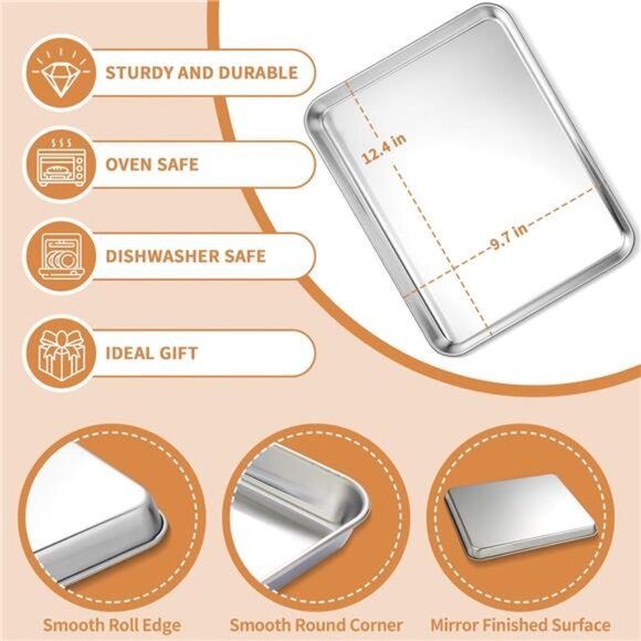 Stainless Steel Baking Sheet Set of 2, Deedro Cookie Sheet Metal Baking Pan Tray - Picture 2 of 7